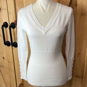 Dots Size M White Knit Cotton Blend Deep V Neck Sweater